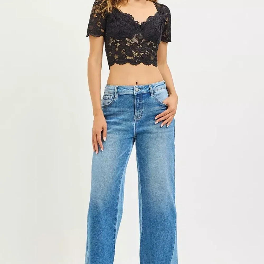 RISEN Full Size Slouchy Cropped Barrel Jeans with‎ Contrast Wash Plus Size